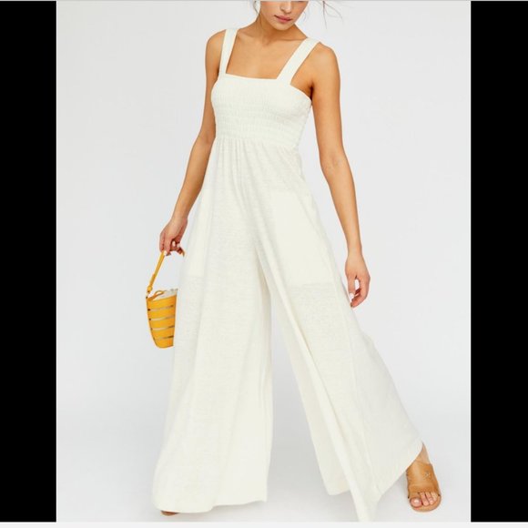 Free People Pants - FREE PEOPLE IVORY SLEEVELESS SMOCKED WIDE LEG HOMECOMING JUMPSUIT